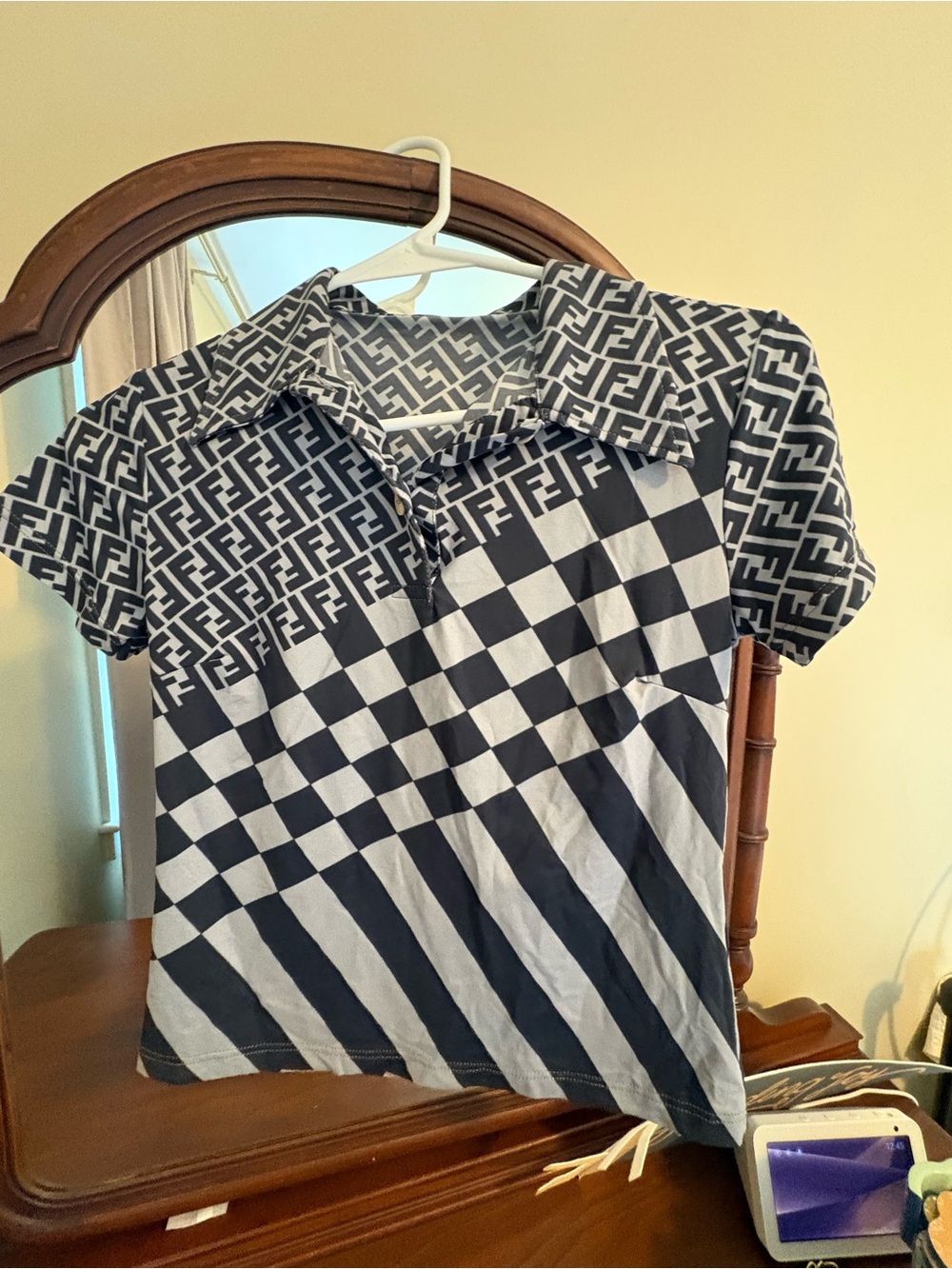Fendi Black and White Logo Checker Polo